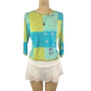 Vtg Patchwork Silk Floral Mesh Top Fairycore Whimsical Sz L Cottegecore Boho